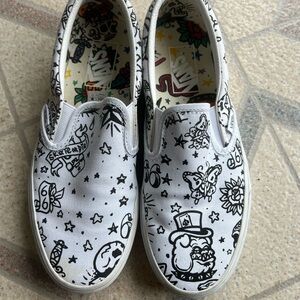 Vans Black and White Graphic Slip-On Sneakers